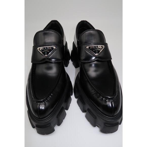 Prada Leather Monolith Triangle Logo Platform Brushed Loafers Black Size 37.5 - Picture 3 of 11